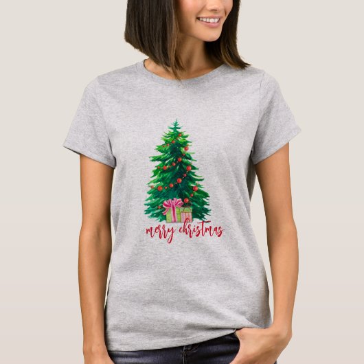 T-shirt Graphique rétro Arbre de Noël avec Présents Femmes (Devant)