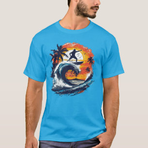 T-Shirt Graphique Vague de Surf au Coucher du Sole