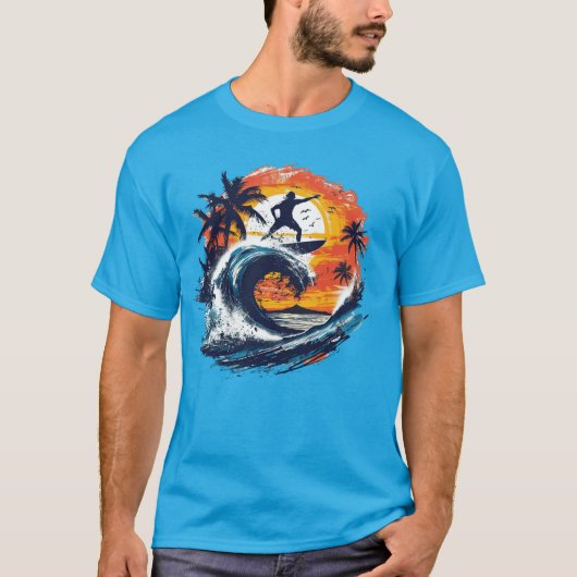 T-Shirt Graphique Vague de Surf au Coucher du Sole (Devant)