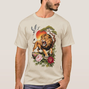 T-shirt graphique vintage lion japonais, Art flora