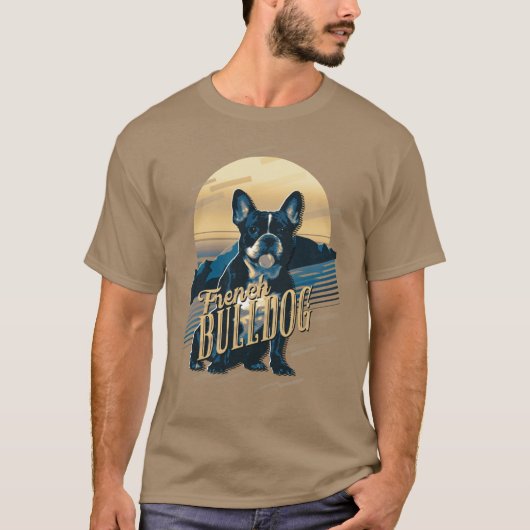 T-shirt Graphiques Rétro Bouledogue Français Bleu ID754 (Devant)
