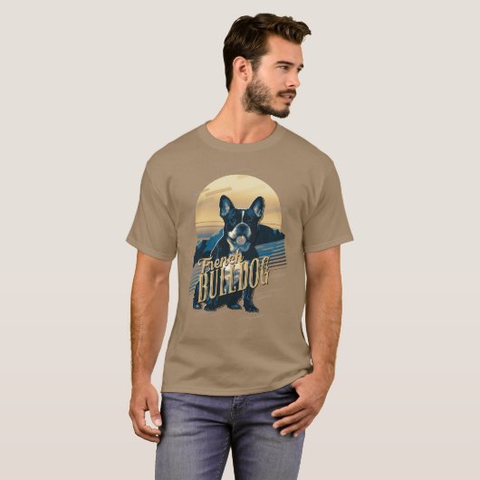 T-shirt Graphiques Rétro Bouledogue Français Bleu ID754 (Devant entier)
