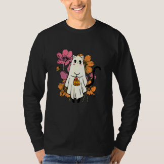 T-shirt Graphisme Halloween Chat Fantôme Floral Vintage