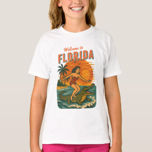 T-shirt Graphisme Rétro Vie Côtière Surfant sur un Alligat