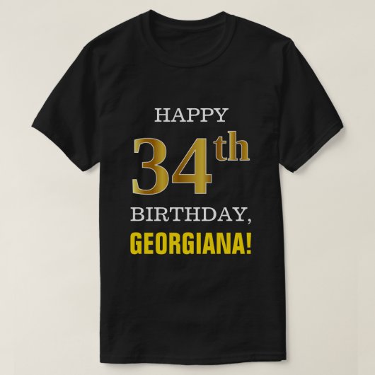 T-shirt Gras, Noir, Faux Or 34ème anniversaire avec nom Ch (Design devant)