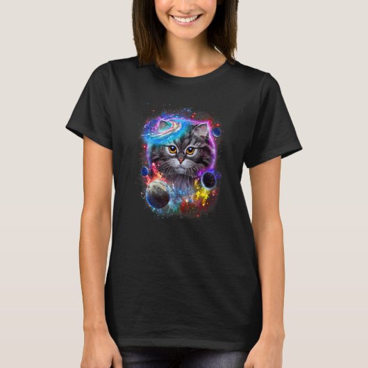 T-shirt Gray Chat Face Swil Dans L'Espace Galaxy Planétair (Devant)