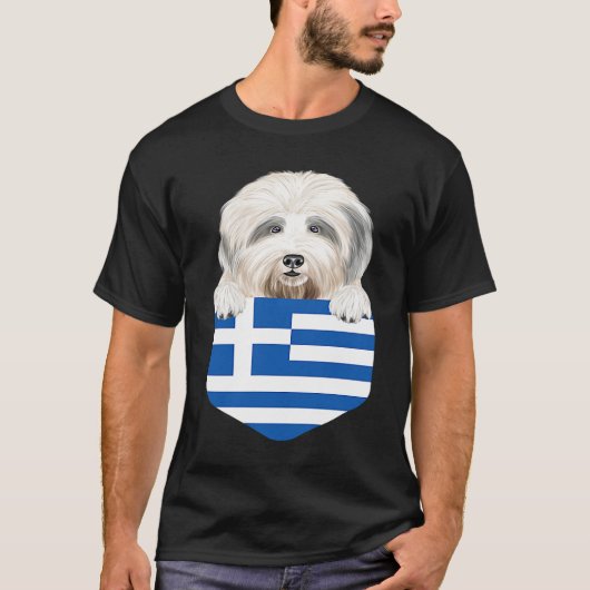 T-shirt Greece Flag Old English Sheepdog Dog In Pocket (Devant)