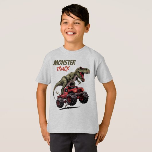 T-shirt Green T-Rex Red Monster Truck Kids (Devant entier)