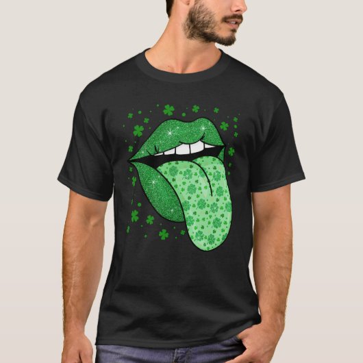 T-shirt Green Tongue & Lips Shamrock St Patrick's Day Girl (Devant)