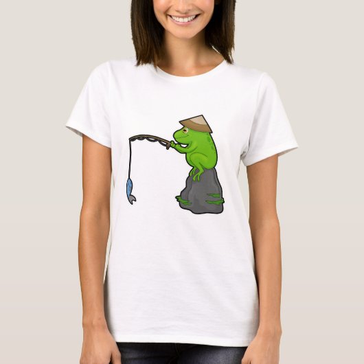 T-shirt Grenouille sur pierre à la pêche avec bâtonnet de  (Devant)