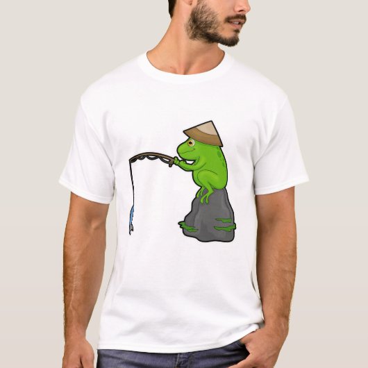 T-shirt Grenouille sur pierre à la pêche avec bâtonnet de  (Devant)