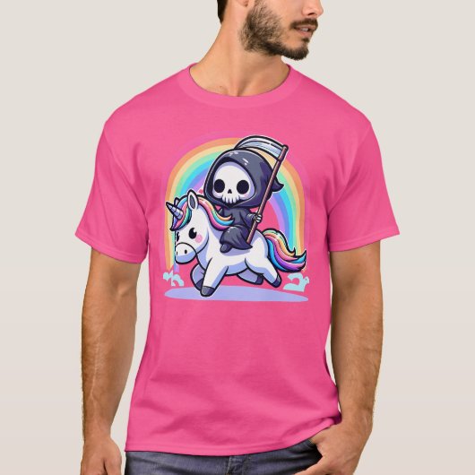 T-shirt Grim Reaper équitation Unicorn Funny Rainbow Heavy (Devant)