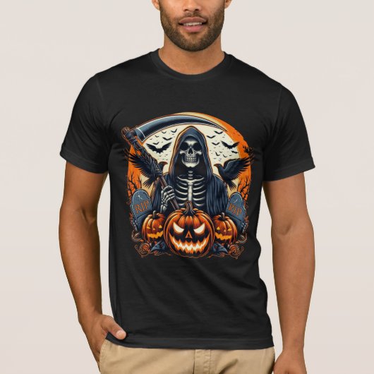T-shirt Grim Reaper Graveyard Spooky Pumpkins Halloween (Devant)