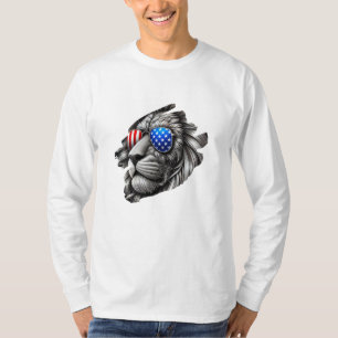 T-shirt Gris Lion Art avec Drapeau Américain Lunettes de s