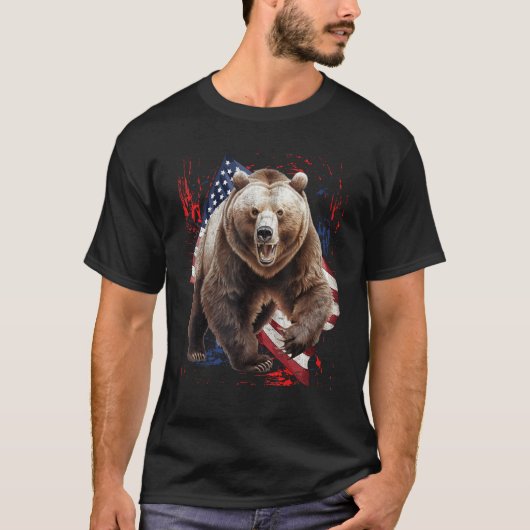 T-shirt Grizzly Bear Grunge American Flag 4th Of July Patr (Devant)