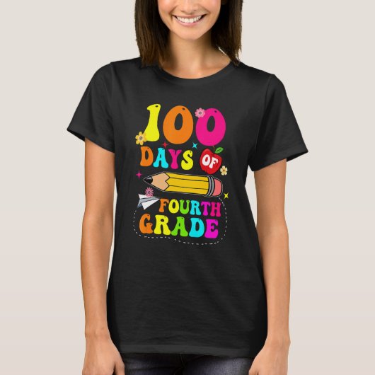 T-shirt Groovy 100 Days Of Fourth Grade Kids Teacher 100th (Devant)