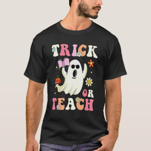 T-shirt Groovy Halloween Trick Or Teach Rétro Fleur Ghost