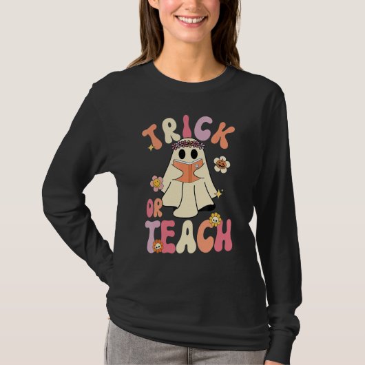 T-shirt Groovy Halloween Trick or Teach Retro Floral Ghost (Devant)