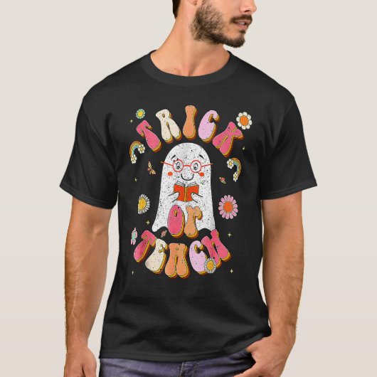 T-shirt Groovy Halloween Trick or Teach Retro Floral Ghost (Devant)