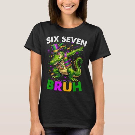 T-shirt Groovy Six Seven Bruh Alligator Dabbing Mardi Gras (Devant)
