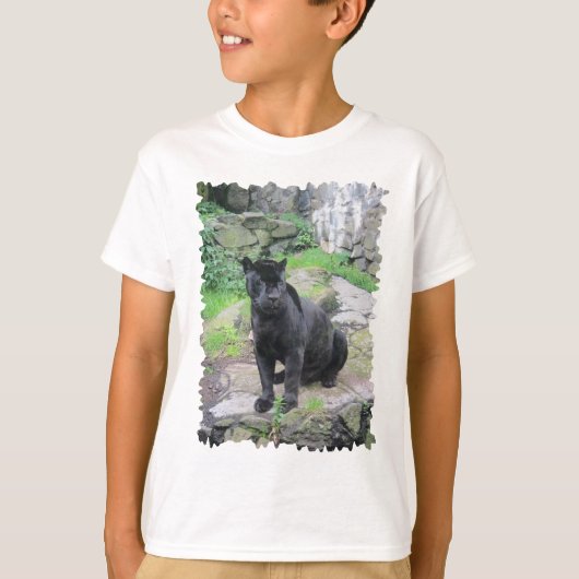 T-shirt Gros chat Jaguar noir assis sur le rocher (Devant)