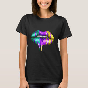 T-shirt Grosses Lèvres En Vert Violet Et Jaune Doré Pour M