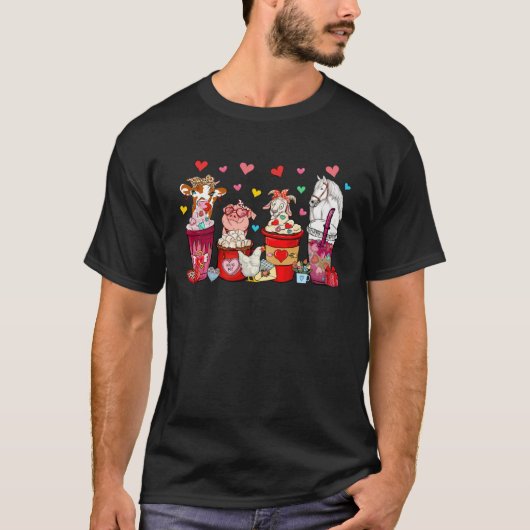 T-shirt Group Cute Farm Animals Bow Tie Drinking Coffees V (Devant)