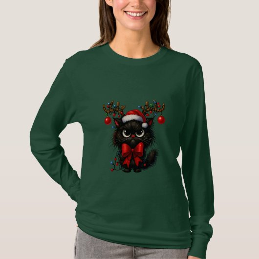 T-shirt Grumpy Christmas Cat with Santa Hat and Antlers (Devant)