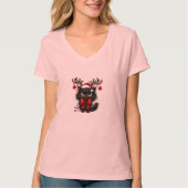 T-shirt Grumpy Christmas Cat with Santa Hat and Antlers (Devant)