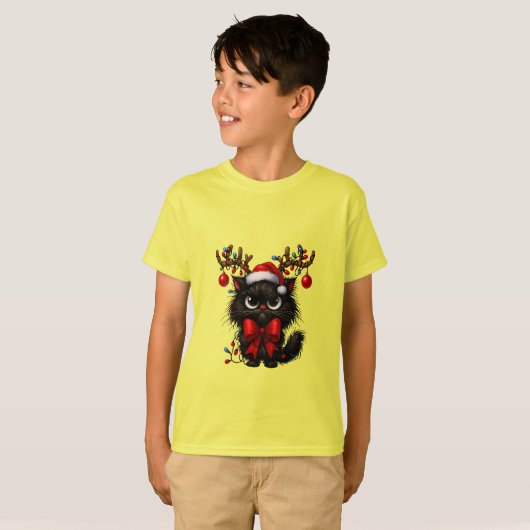 T-shirt Grumpy Christmas Cat with Santa Hat and Antlers (Devant entier)