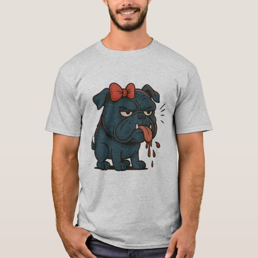 T-shirt Grumpy Drooling Pug with Red Bow – Funny Dog Attit (Devant)