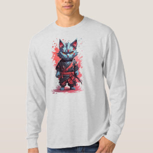 T-shirt Guerrier Chat Ninja Gris Aquarelle Cool