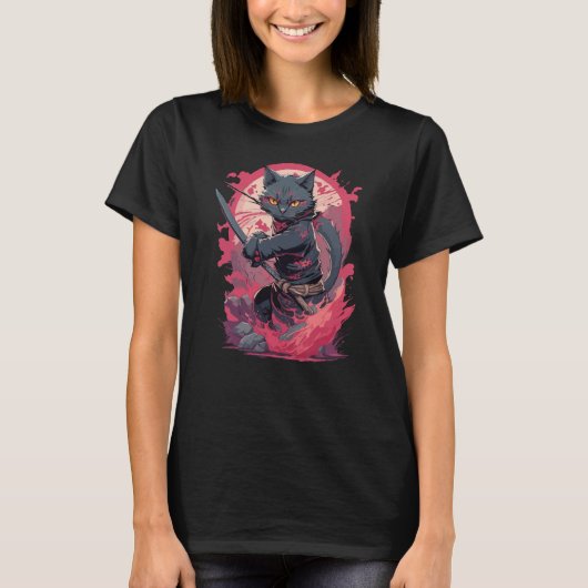 T-shirt Guerrier Chat Ninja Noir Splash Feu Mignon (Devant)