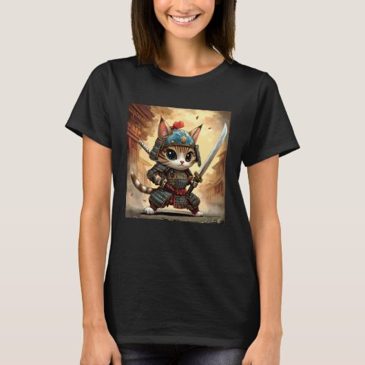T-shirt Guerrier Chat Samouraï Style Féroce & Fluffy (Devant)