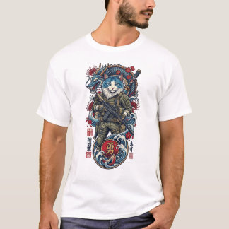 T-shirt Guerrier Chat Samouraï Tactique avec Dragon et Kat