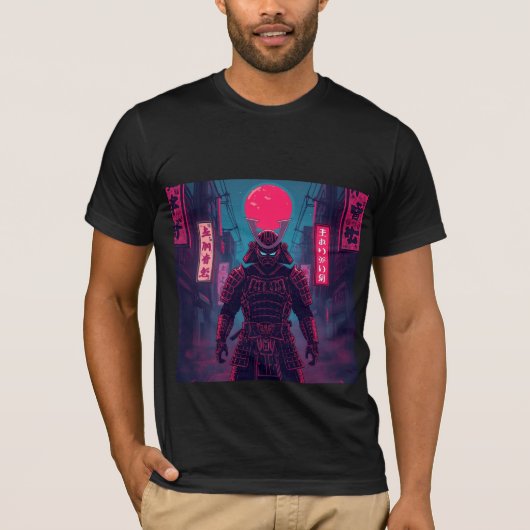 T-shirt Guerrier Cyberpunk sous la Lune Rouge (Devant)