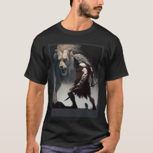 T-shirt Guerrier homme des cavernes avec lion amical pours