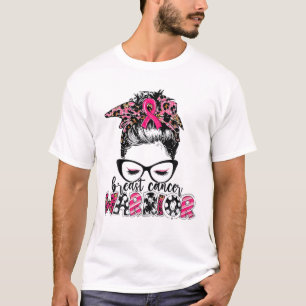 T-shirt Guerrière du cancer du sein rose Messy Bun Leopard