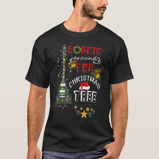 T-shirt Guitar Tree Lights Rocking Music Merry Christmas C (Devant)