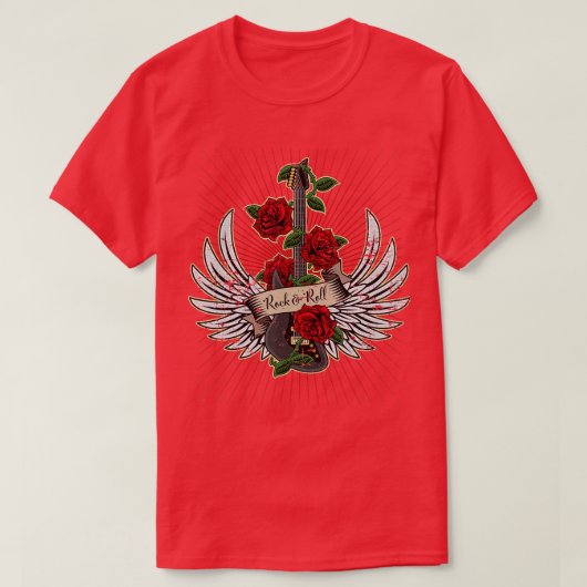 T-shirt Guitar Wings Rose Distressed Rock and Roll Music (Design devant)