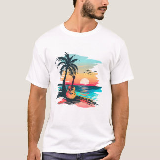 T-shirt Guitare de coucher de soleil tropical plage Art |