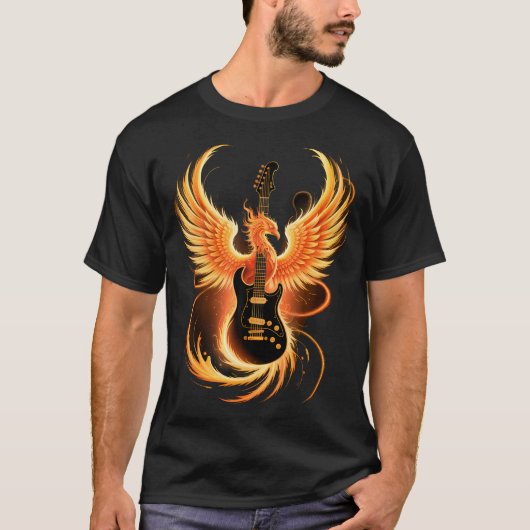 T-shirt Guitare électrique avec silhouette ailée enflammée (Devant)