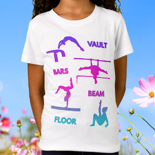 T-Shirt Gymnastique Pink Violet Turquoise Vault Bars Poutr