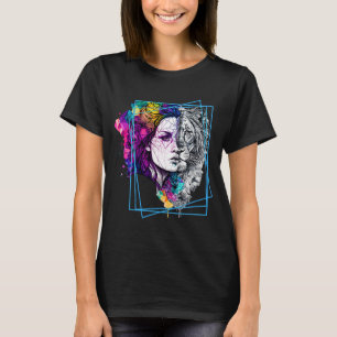 T-shirt Half Lion Half Woman Synthwave Crystals Big Cat