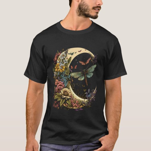 T-shirt Half Moon Dragonfly Insect Hippie Colorful Flowers (Devant)