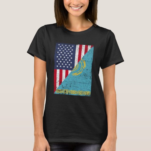 T-shirt Half USA Flag Half Kazakhstan Flag American Kasach (Devant)