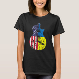 T-shirt Half USA Flag Half Ukraine Flag Guitare Support Uk