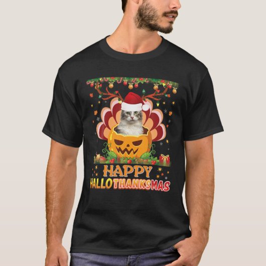 T-shirt Hallothanksmas américain Curl Chat Halloween C (Devant)