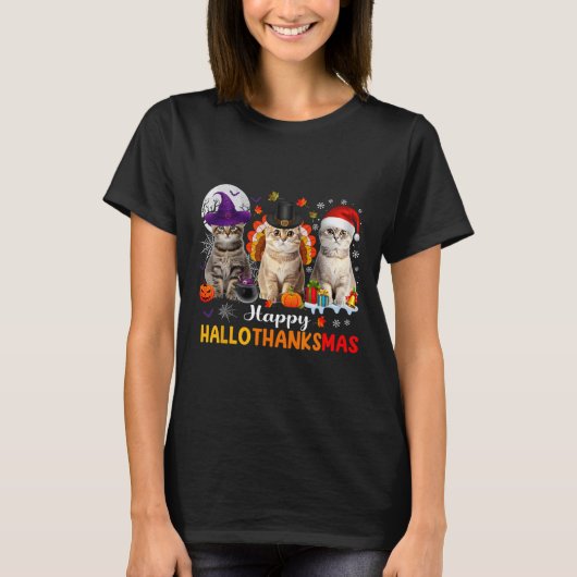 T-shirt Hallothanksmas Halloween Chats Thanksgiving C (Devant)