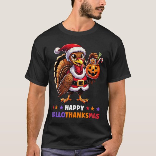 T-shirt Hallothanksmas Halloween Thanksgiving Noël F (Devant)